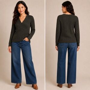 Lauren‎ Ralph Lauren Petite Olive Green Cable Knit Surplice V-Neck Sweater P/S